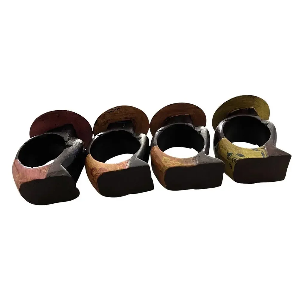 PIER 1 IMPORTS Wooden Carved Napkin Rings Asian SET OF 4 RICE HAT 1717-33